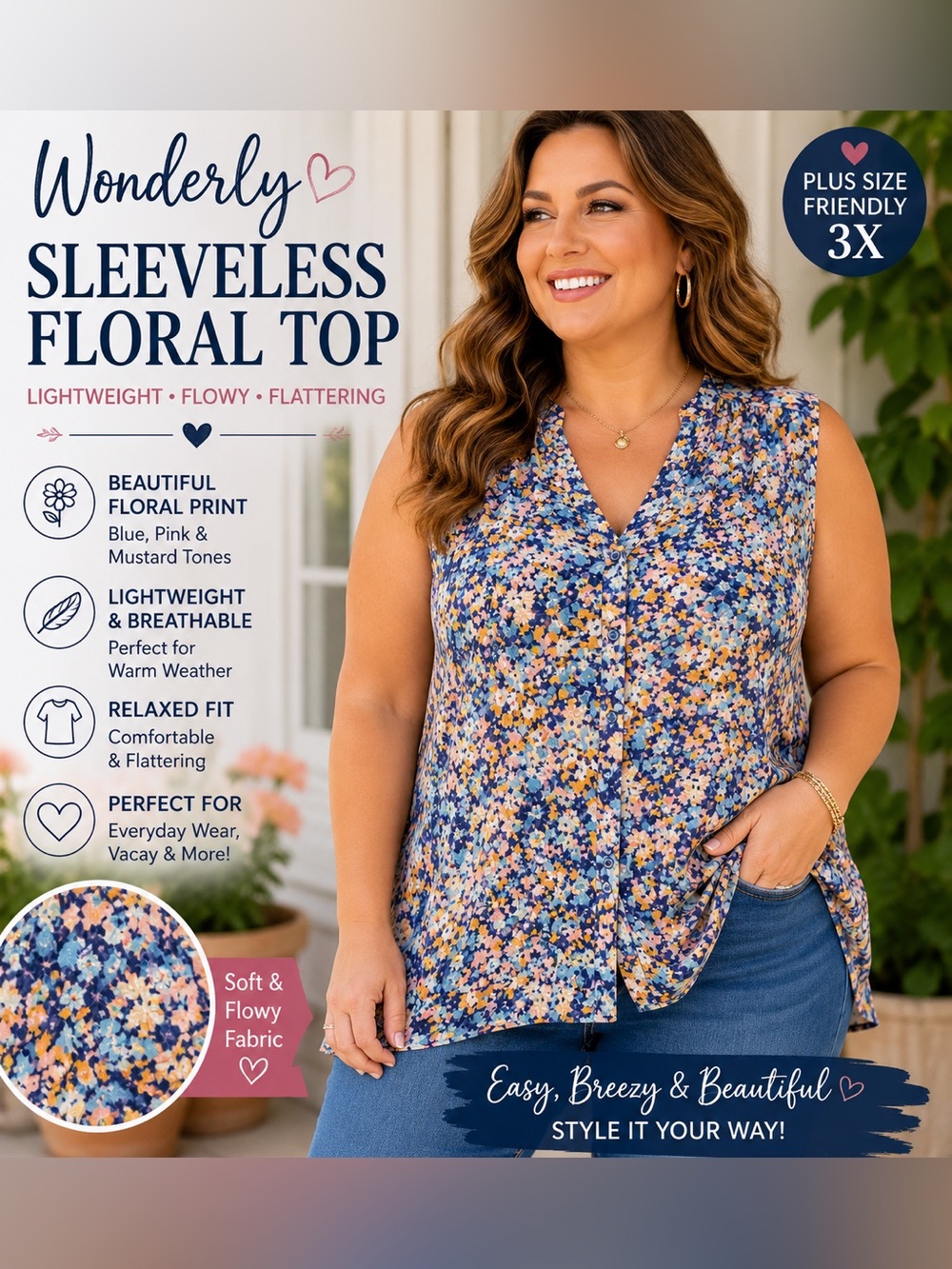 Wonderly 3X plus size floral sleeveless boho blouse